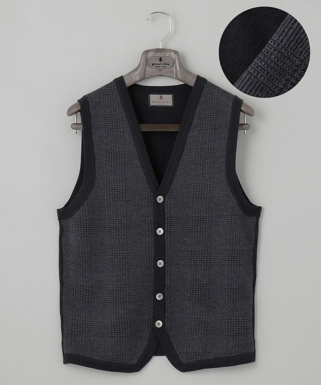 GOTAIRIKU 体温調整に【洗える/チクチクしにくい/ピリングしにくい】イタリア糸 ハイゲージ ベスト_WOOL100% ブラック×グレー細チェック