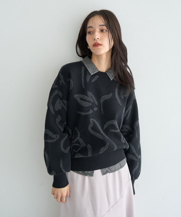 YECCA VECCA アート柄ふくれジャガードニット Black