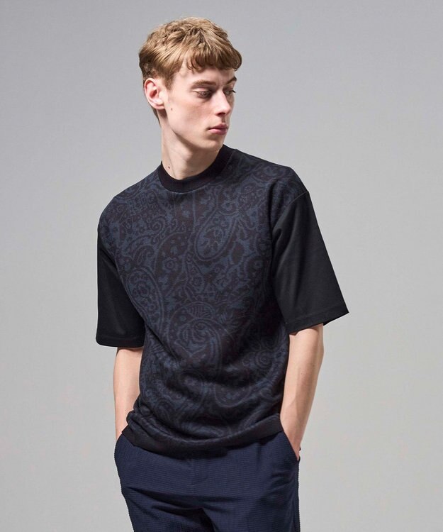 JOSEPH HOMME オリエンタルジャガードニットブロック　クルーネック半袖カットソー ネイビー系