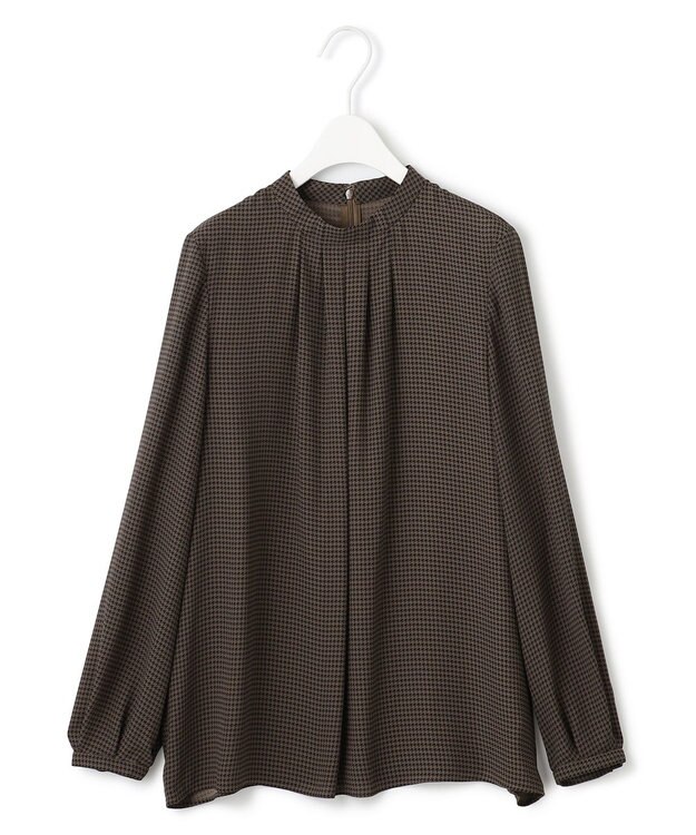 ICB 【接触冷感・UVケア・速乾・洗える】BackSatinAmunzen ハイネックブラウス コーヒーベース柄系