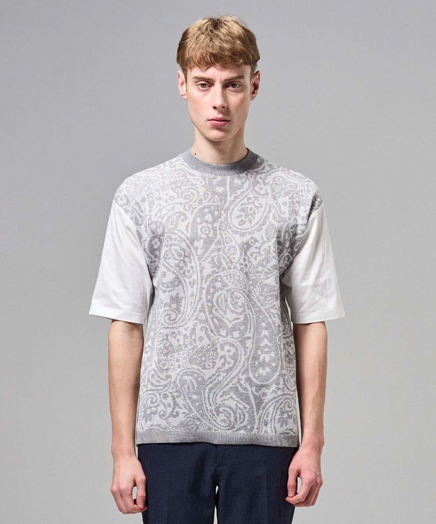 JOSEPH HOMME オリエンタルジャガードニットブロック　クルーネック半袖カットソー ライトグレー系