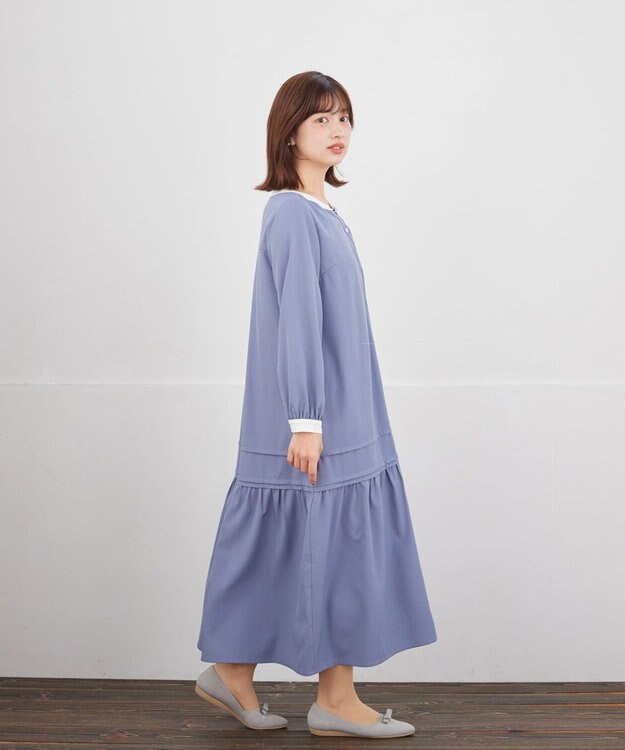 Tiaclasse ピンタックギャザークレリックシャツワンピース ブルー