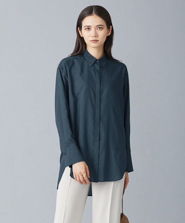 ICB 【洗える】トリアセコットンシアー ロングシャツ パイングリーン系