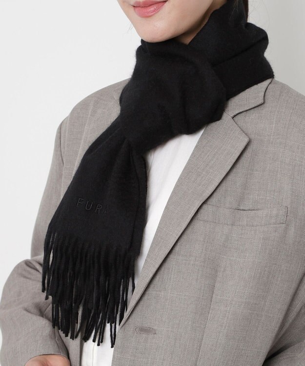 MOONBAT FURLA(フルラ）カシミヤ100％ 無地 マフラー ロゴ刺繍 手洗いOK ブラック
