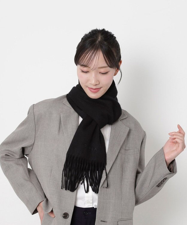 MOONBAT FURLA(フルラ）カシミヤ100％ 無地 マフラー ロゴ刺繍 手洗いOK ブラック