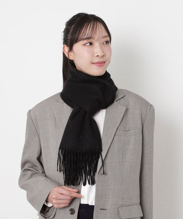 MOONBAT FURLA(フルラ）カシミヤ100％ 無地 マフラー ロゴ刺繍 手洗いOK ブラック