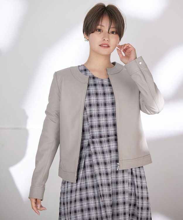 Tiaclasse L 【本革】ノーカラーシープレザージャケット モカ