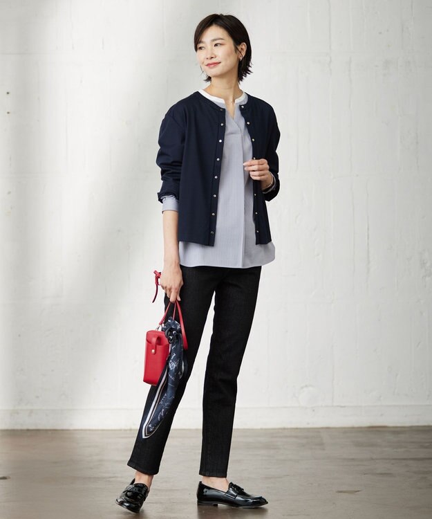 J.PRESS LADIES L ピンストライプジャージー バンドカラー スキッパー カットソー ライトグレー系1