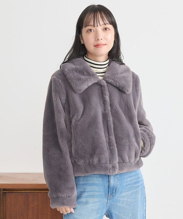 earth music&ecology ファーショートコート チャコールグレー