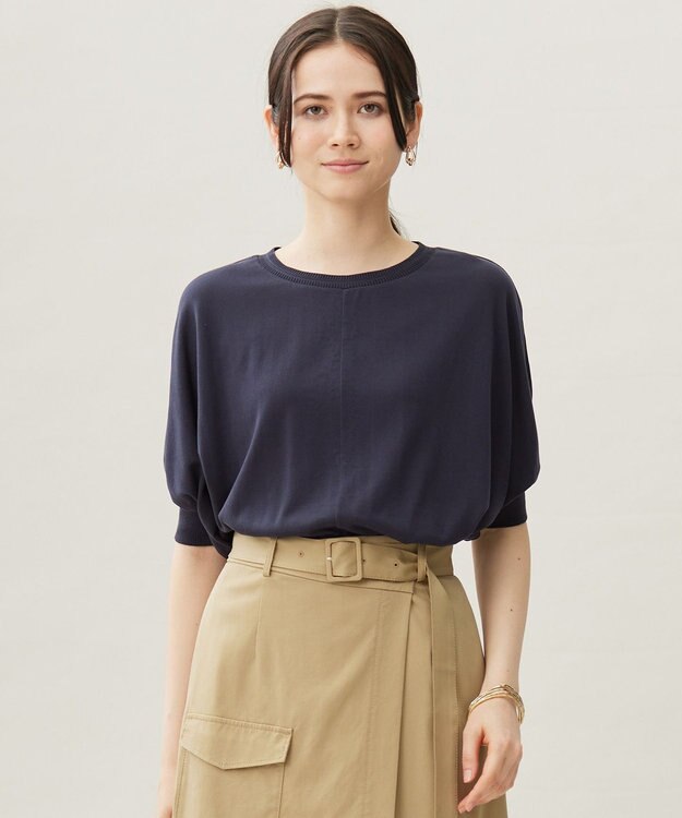 自由区 【カタログ掲載・接触冷感・UVケア・洗える】ドレーピードルマンスリーブ ニットソー ネイビー