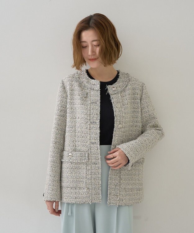 YECCA VECCA ノーカラーツイードジャケット Gray