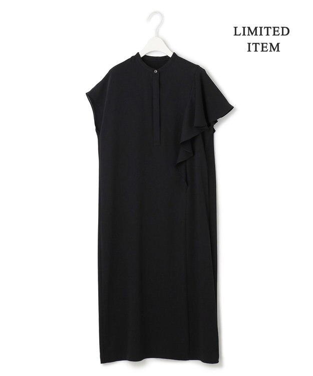 ICB 【接触冷感・UVケア・防シワ・洗える】エステルダブルクロス ラッフルスリーブワンピース ブラック系