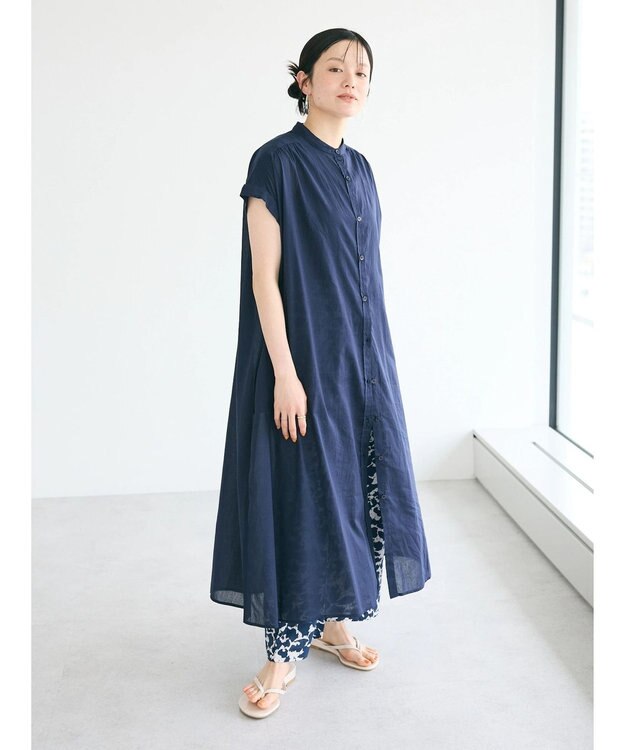 CRAFT STANDARD BOUTIQUE インド綿バンドカラーワンピース Navy