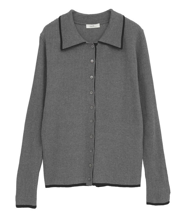 earth music&ecology バイカラートリムロングニットカーディガン Charcoal Gray
