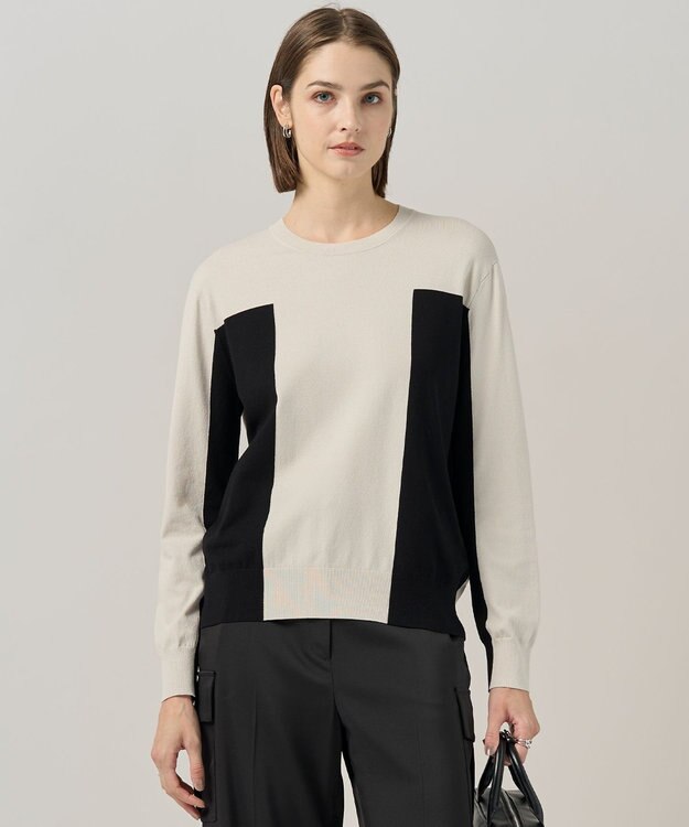 ICB 【洗える】マットヴィスコースポリエステル ブロッキングニット トープ×ブラック系