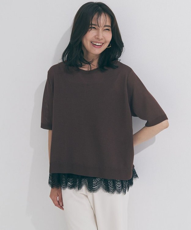 UNFILO レースドッキングニット クルーネック ブラウン