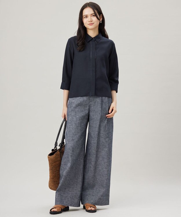 自由区 S 【ドラマ「明日はもっと いい日になる」着用】【接触冷感・吸水速乾・洗える】ナチュラルリネンクロップド丈 シャツ ネイビー