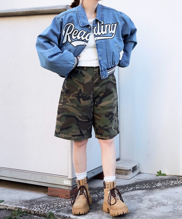 WEGO スタジアムロゴデニムショートスタジャン デニム中濃色