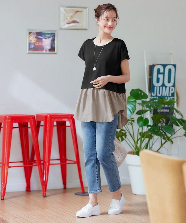 Tiaclasse 【洗える】シャツドッキングフレンチスリーブカットソー ブラック