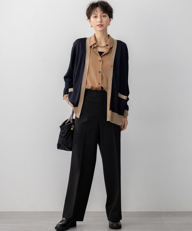 23区 S 【洗える】サステナブルウール Vネック バイカラー カーディガン ネイビー×キャメル