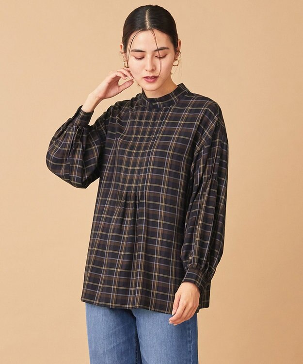 ANY 【洗える】ピンタックチェックブラウス ネイビー系5