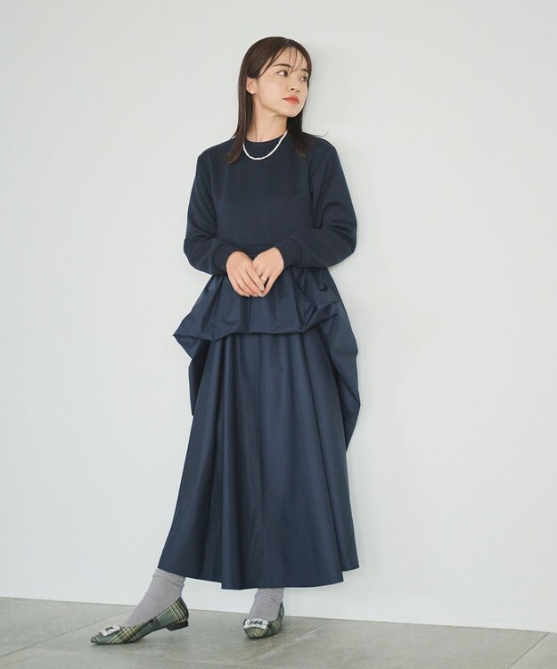 #Newans 【撥水/マシンウォッシャブル】クリオネシルエットコンビドレス ネイビー