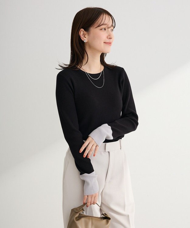 Green Parks アンチピリング袖配色ニットプルオーバー Black