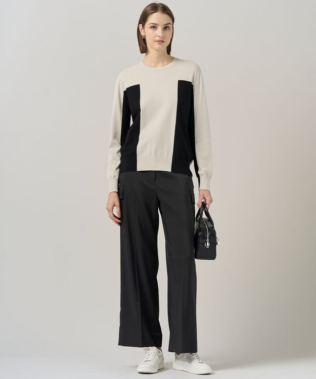 ICB 【洗える】マットヴィスコースポリエステル ブロッキングニット トープ×ブラック系