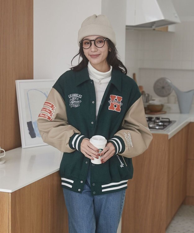 WEGO 【ユニセックス着用ITEM/SMLサイズ展開】メルトンワッペンスタジャン ダークグリーン