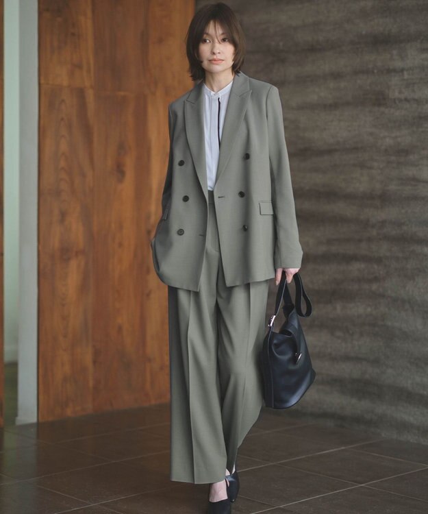 ICB 【UVカット・洗える】ウール2WAYストレッチ ワイドパンツ スモークグリーン系