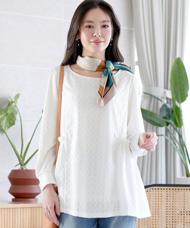 Tiaclasse L ダイヤ柄ジャガードパフスリチュニック オフホワイト