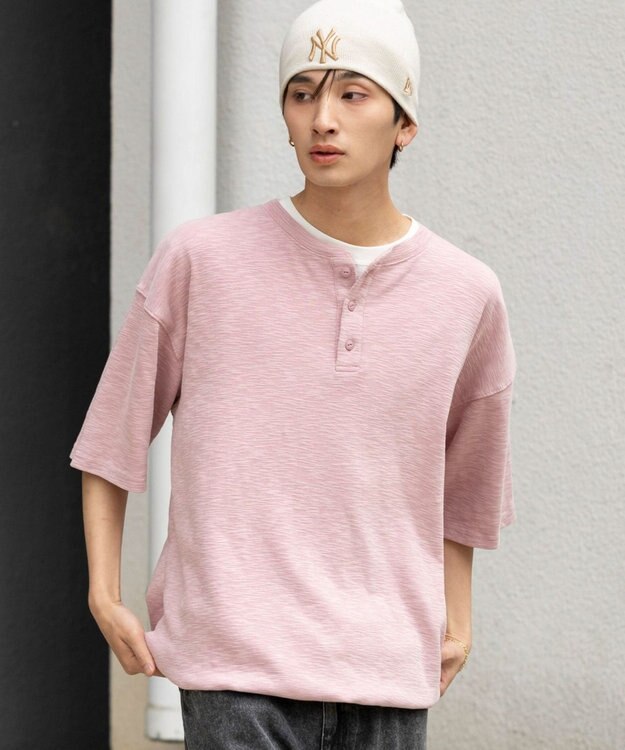 WEGO 【ユニセックス着用ITEM/MLサイズ展開】スラブヘンリーネックT（SS） ピンク