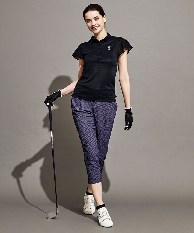 23区GOLF 【WOMEN】【吸汗速乾/日本製】ミラノリブボーダーシャツ ブラック系