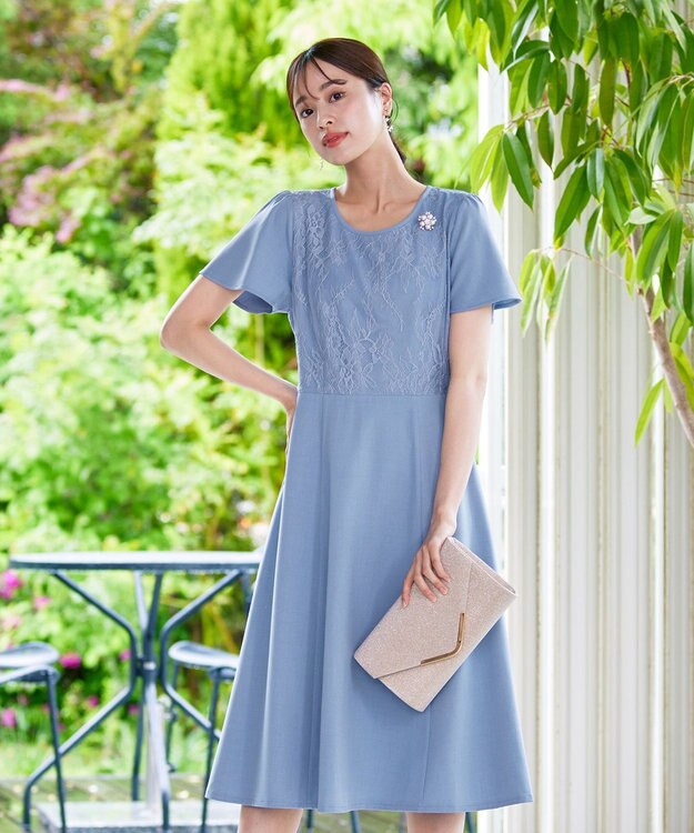 Tiaclasse 【洗える】フレアスリーブレースコンビワンピース ブルー