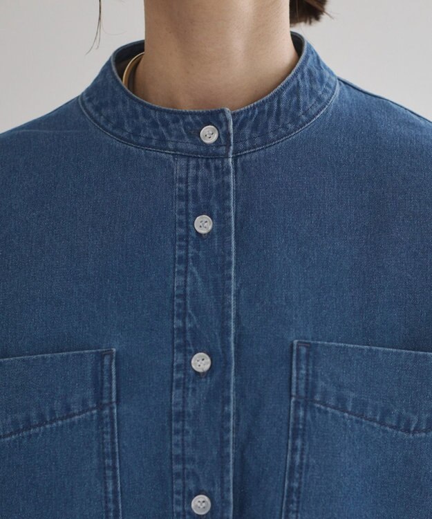 WEGO 【ANGIE VINTAGE】襟が選べる デニム チュニック シャツ （バンドカラー/レギュラーカラー） ブルー