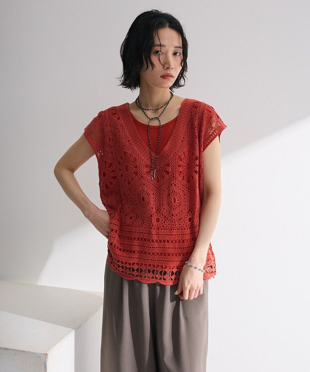 Green Parks ＳＥＴ２点クロシェプルオーバー＋タンクトップ Orange