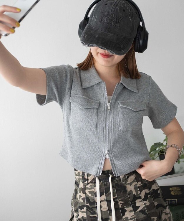 WEGO ポケットデザインWZIPトップス 杢グレー