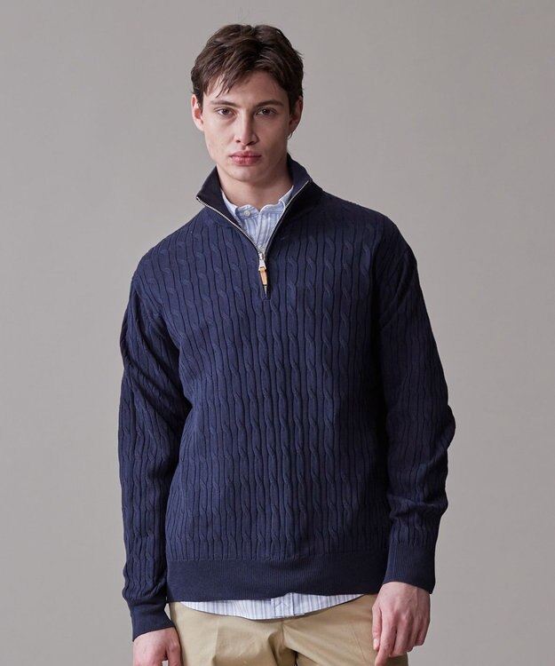 J.PRESS MEN ギマコットン ケーブルハーフジップ ニット ネイビー系