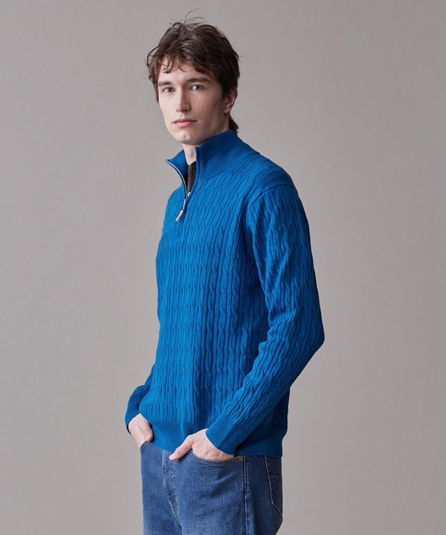 J.PRESS MEN ギマコットン ケーブルハーフジップ ニット ターコイズブルー系