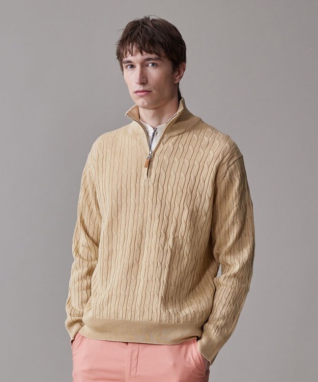J.PRESS MEN ギマコットン ケーブルハーフジップ ニット ベージュ系