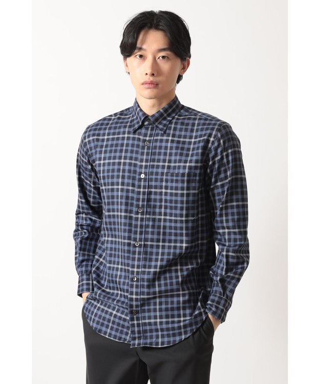 DAKS ウールチェック 隠しボタンダウンシャツ ブルーチェック