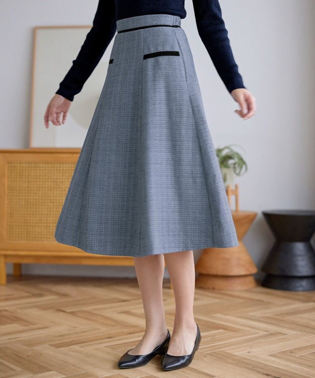 Tiaclasse L ベロアラインツイードスカート サックスグレー