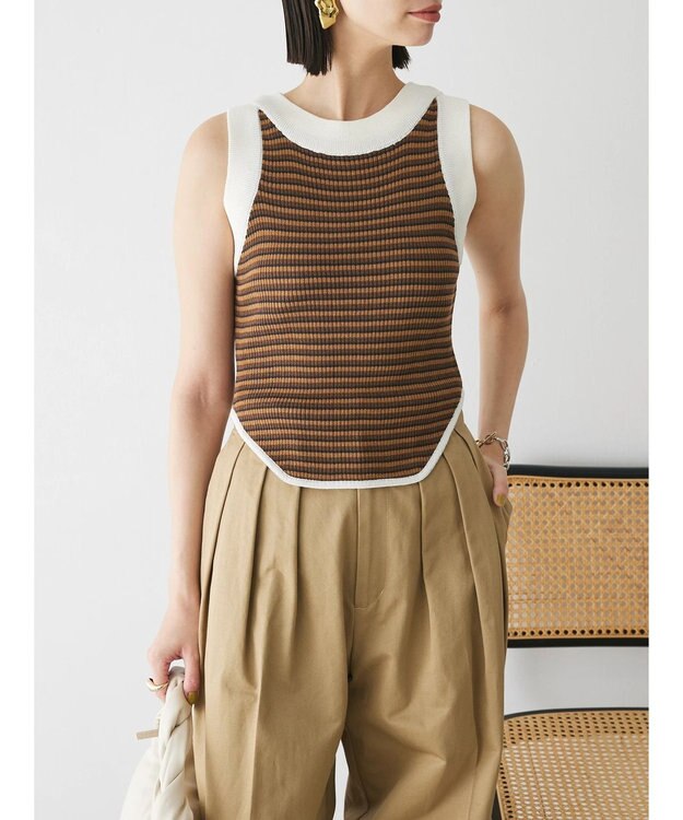 Green Parks デザインヘム配色ニットタンクトップ Brown