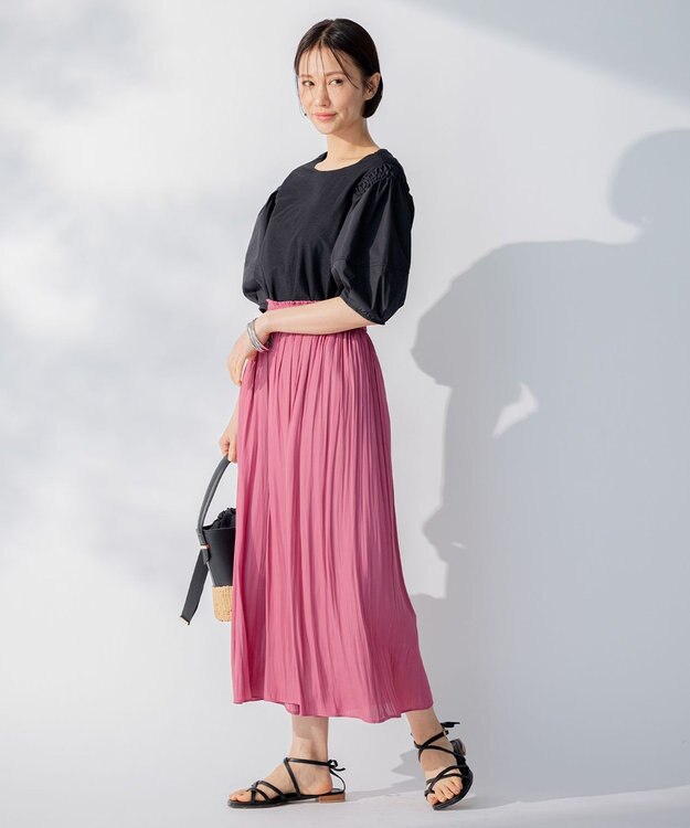 自由区 【洗える】コンビネーションシャーティング パフスリーブ カットソー ブラック系