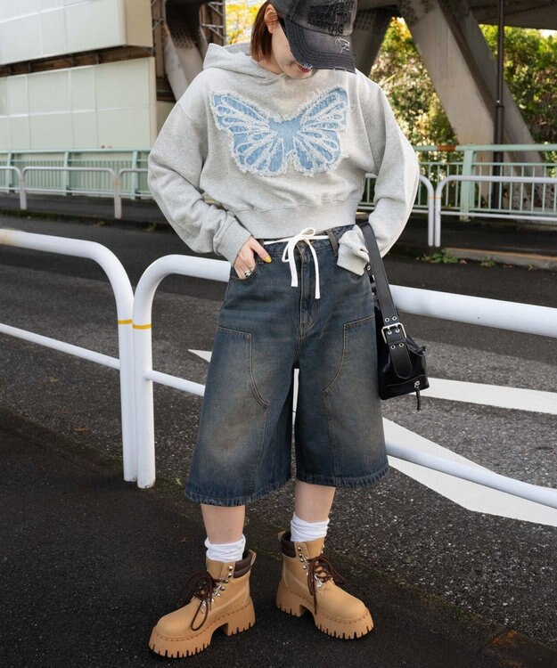 WEGO ウエストドロストダブルニーバギーハーフパンツ デニム中濃加工色