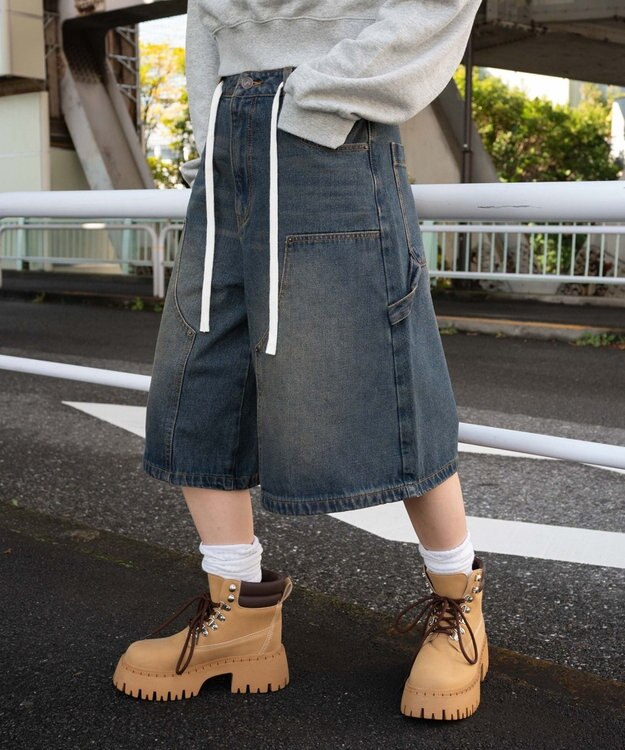 WEGO ウエストドロストダブルニーバギーハーフパンツ デニム中濃加工色