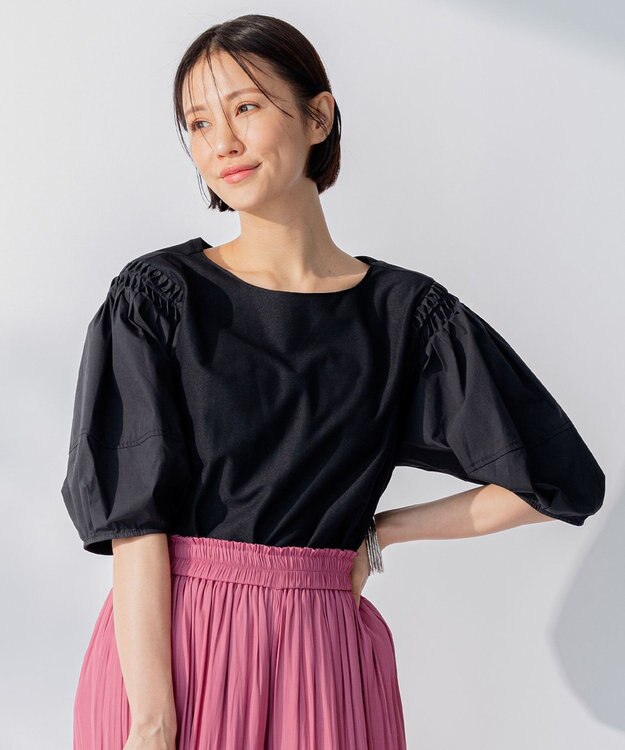 自由区 【洗える】コンビネーションシャーティング パフスリーブ カットソー ブラック系