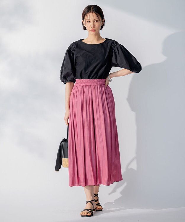 自由区 【洗える】コンビネーションシャーティング パフスリーブ カットソー ブラック系