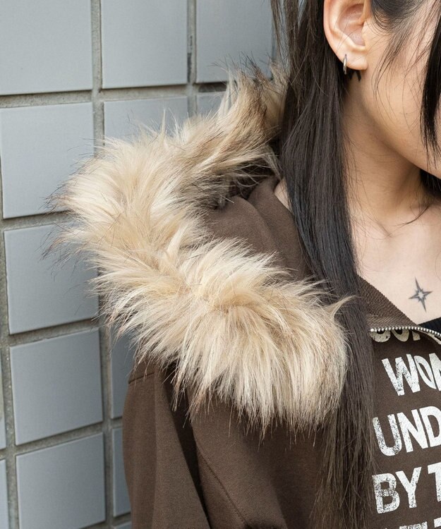 WEGO ファーフードショートZIPパーカー ブラウン