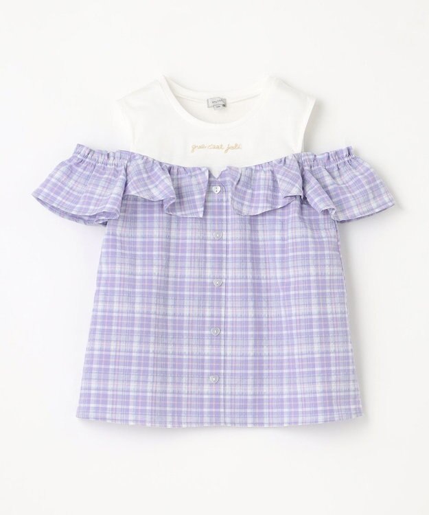 ANY KIDS オフショルダー フリル ブラウス ラベンダー系チェック